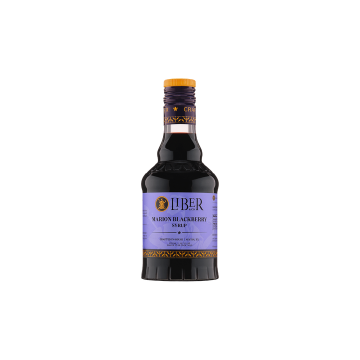 Bottle of Liber Marion Blackberry Syrup on a white background