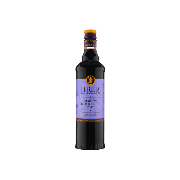 Bottle of Liber Marion Blackberry Syrup on a white background