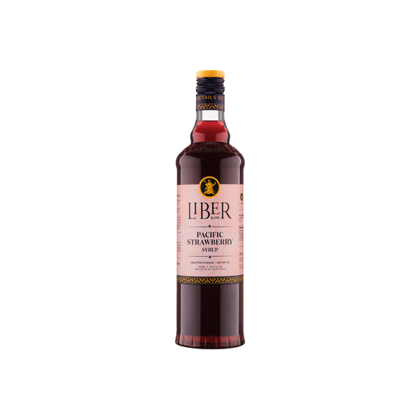 Bottle of Liber Pacific Strawberry Syrup on a white background