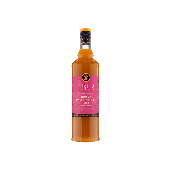 Bottle of Liber Tropical Passionfruit Syrup on a white background