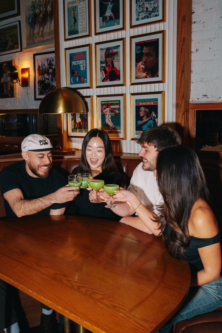 Group of friends toasting with drinks in a bar setting