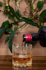 Rum being poured into a glass with a plant in the background