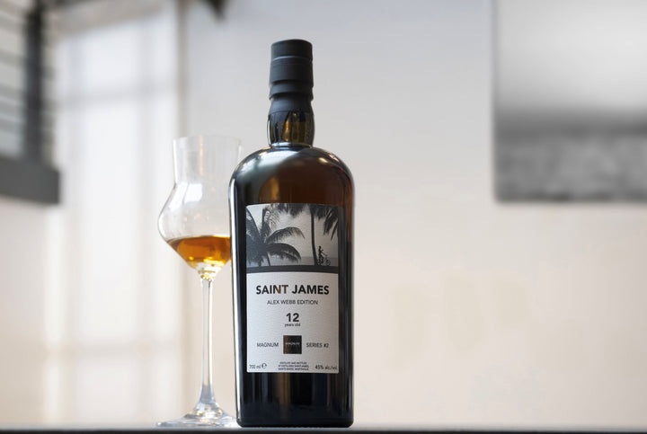 Bottle of Saint James whiskey with a blurred background