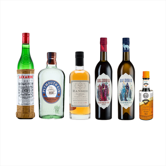 Collection of various alcohol bottles with labels on a white background