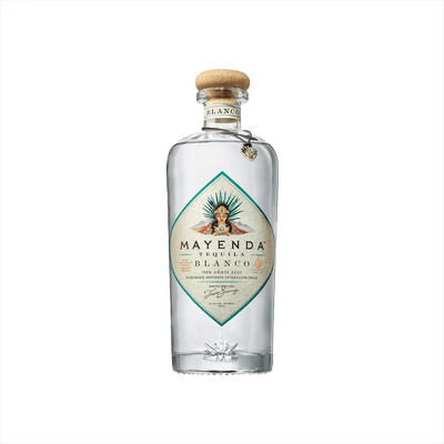 A premium bottle of clear tequila with a wood stopper. The label is diamond shaped with a teal edge, and it reads: Mayenda Tequila Blanco. 100% Agave Azul.