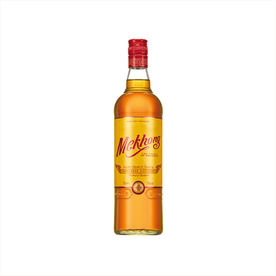 A large caramel colored bottle of liquid with a red screwtop cap.  The label says: Mekhong The Spirit of Thailand.