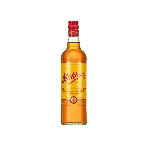 A large caramel colored bottle of liquid with a red screwtop cap.  The label says: Mekhong The Spirit of Thailand.