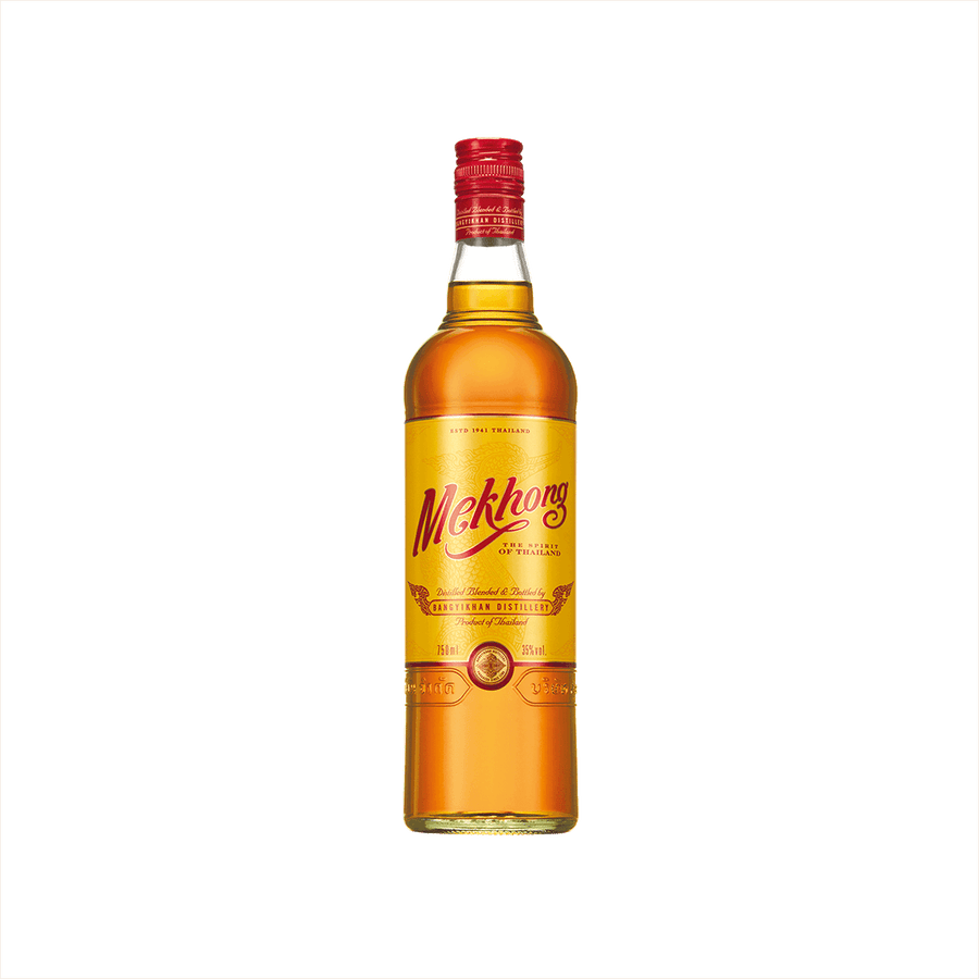 A large caramel colored bottle of liquid with a red screwtop cap.  The label says: Mekhong The Spirit of Thailand.