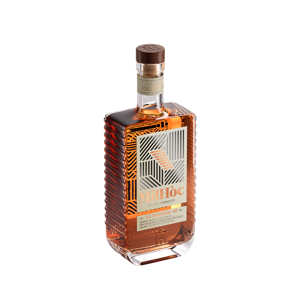 Bottle of Mihoc brandy on a white background