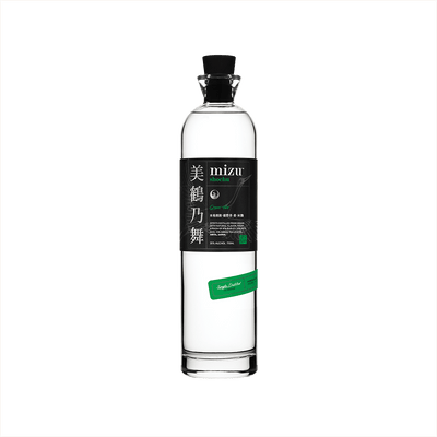A lovely tall thin bottle with a black cap. The label is black with Japanese characters on the left side. It reads in English: Mizu Shochu Green Tea.