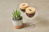 Two espresso drinks with a creamy top in wine glasses on a beige surface with a small potted plant.