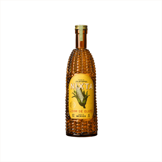 A bottle of rich yellow looking alcohol. The bottle itself has the shape and texture of a corn cob. The label reads: Nixta Licor de Elote. Hecho En Mexico.