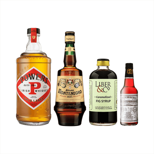 The Notorious F.I.G. Cocktail Set: Powers Gold Label Irish Whiskey + Liber Caramelized Fig Syrup + Amaro Montenegro + Peychaud's Bitters