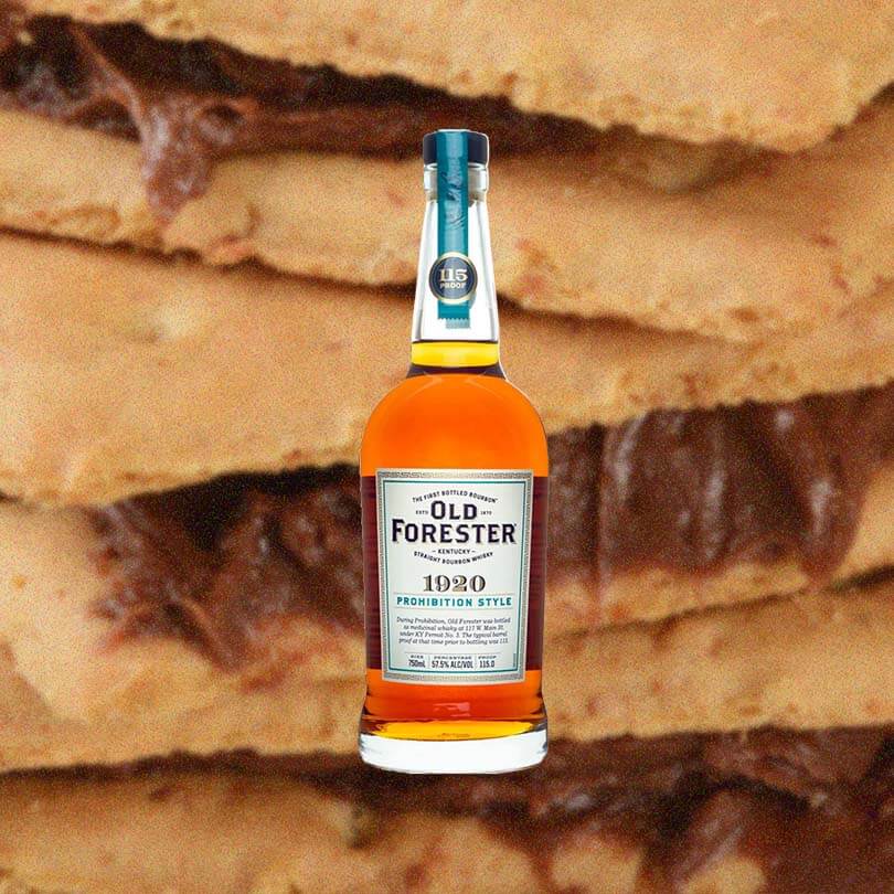 Old Forester 1920 Prohibition Style against a backdrop of toasted graham crackers with toffee filling.