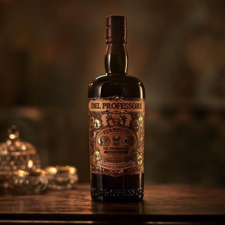 A close-up shot of the gorgeous dark, elegant bottle fo Del Professore Vermouth di Torino Rosso. Moody. Decadent.