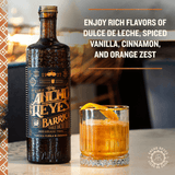 An image of Ancho Reyes Barrica Liqueur next to a delicious looking cocktail on a marble table. The words: "Enjoy Rich Flavors of Dulce de leche, spiced Vanilla, Cinnamon, and Orange Zest" are in the top right corner.