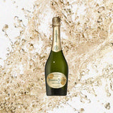 Bottle of Bottle of Perrier Jouet Grand Brut Champagne over back drop image of Champagne splashing.