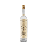 A tall thin bottle of mezcal with a craft paper label that reads: Mezcal Joven 100% Agave Pierde Almas. There is an simple illustration of a devil like character with wings diving blissfully into an agave plant.