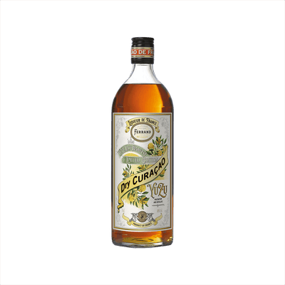 A bottle of yellow liqueur, with an ornate label. It reads Pierre Ferrand Dry Curacao Yuzu. There is a banner above that reads: Yuzu Late Harvest Limited Edition.