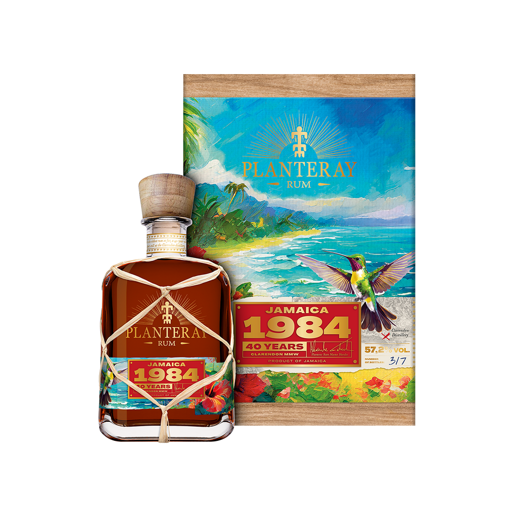 Bottle of Planteray 1984 Jamaica Clarendon MMW Rum next to box package.