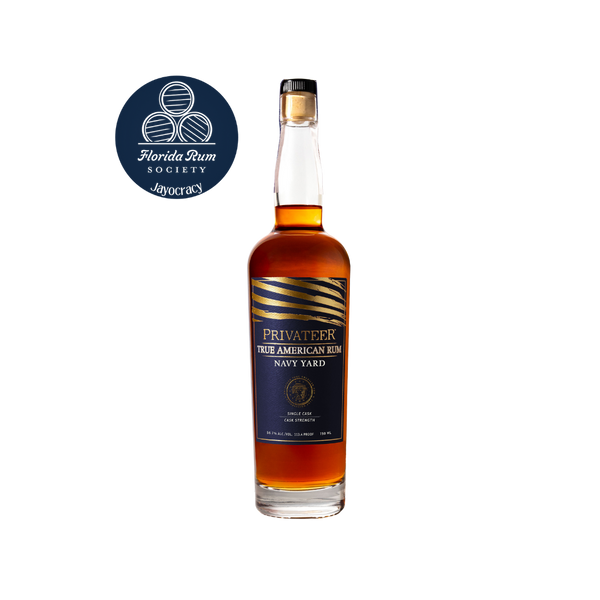 Bottle of Privateer True American Rum Navy Yard with Florida Rum Society logo on a white background
