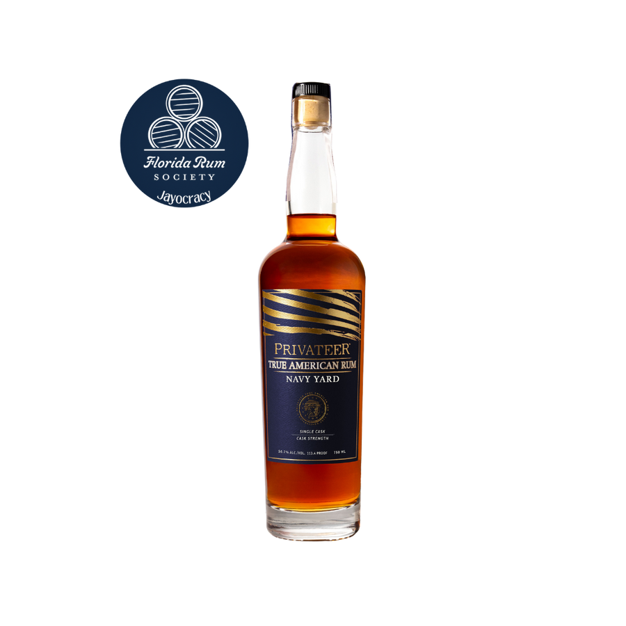 Bottle of Privateer True American Rum Navy Yard with Florida Rum Society logo on a white background