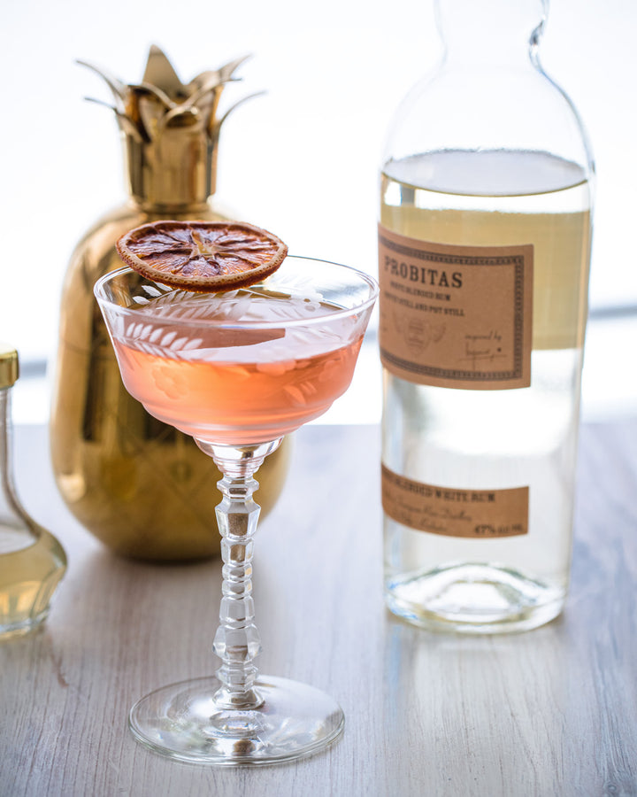 Cocktail glass with pink drink and dried fruit, Probitas bottle in the background