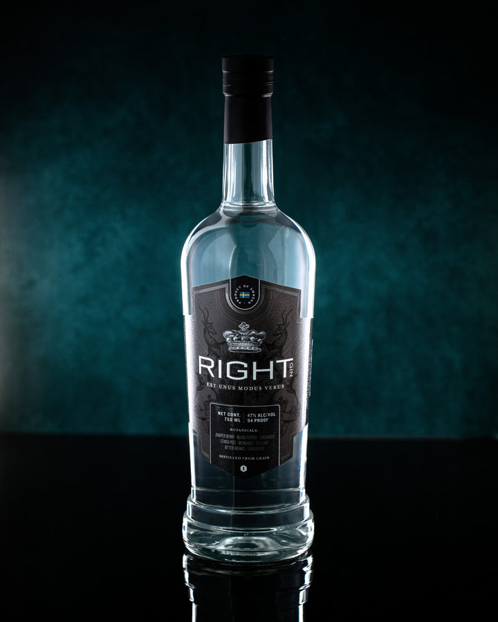 Bottle of 'Right' vodka on a dark background