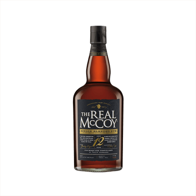 A bottle of amber colored liquid with The Real McCoy Single Blended Rum Aged 12 Years on the label.  Foursequare Distillery, St. Philip, Barbados, at the bottom.
