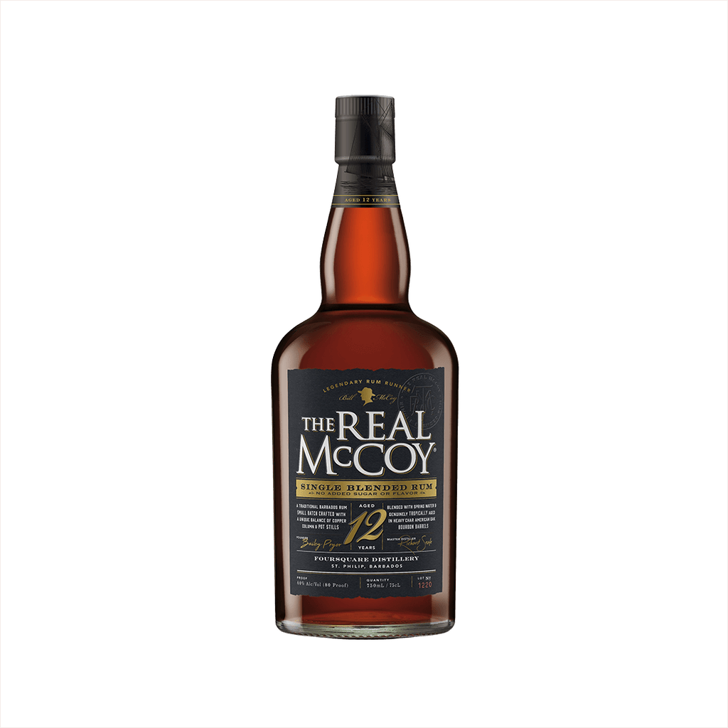 A bottle of amber colored liquid with The Real McCoy Single Blended Rum Aged 12 Years on the label.  Foursequare Distillery, St. Philip, Barbados, at the bottom.