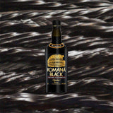 Bottle of Romana Black Sambuca Liqueur over backdrop image of licorice.