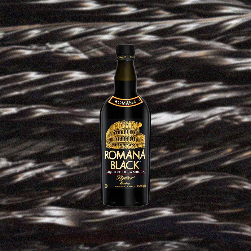 Bottle of Romana Black Sambuca Liqueur over backdrop image of licorice.