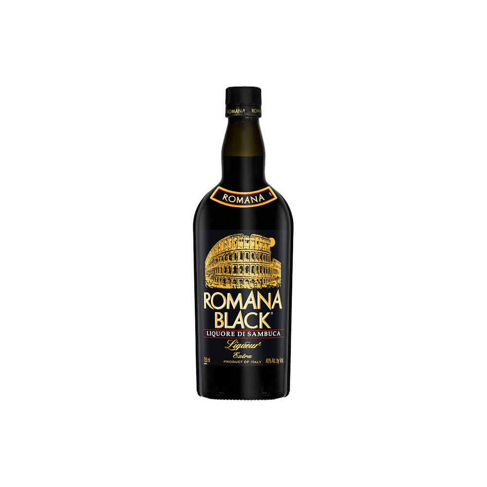 Bottle of Romana Black Sambuca Liqueur.