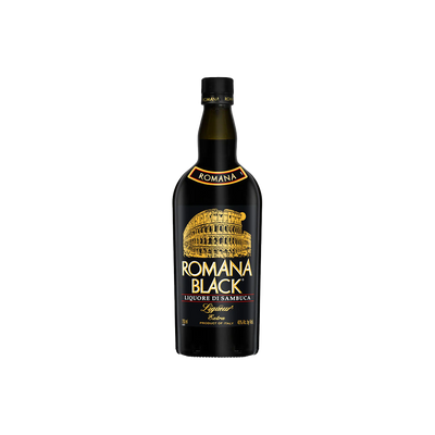 Bottle of Romana Black Sambuca Liqueur.