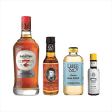 Bottles of Angostura 7 Year Old Rum, Regans Orange Bitters, Liber & Co. Gum Syrup, and Angostura Aromatic Bitters.