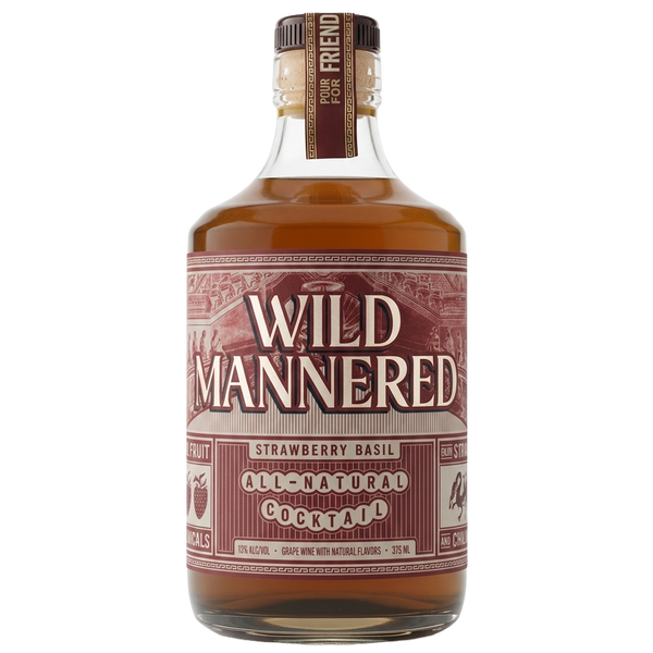 A bottle of Wild Mannered Strawberry Basil All-Natural Cocktail on a solid white background.