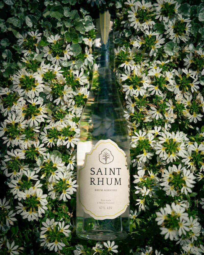 Bottle of Saint Rhum laying flat on a bed of flowers.
