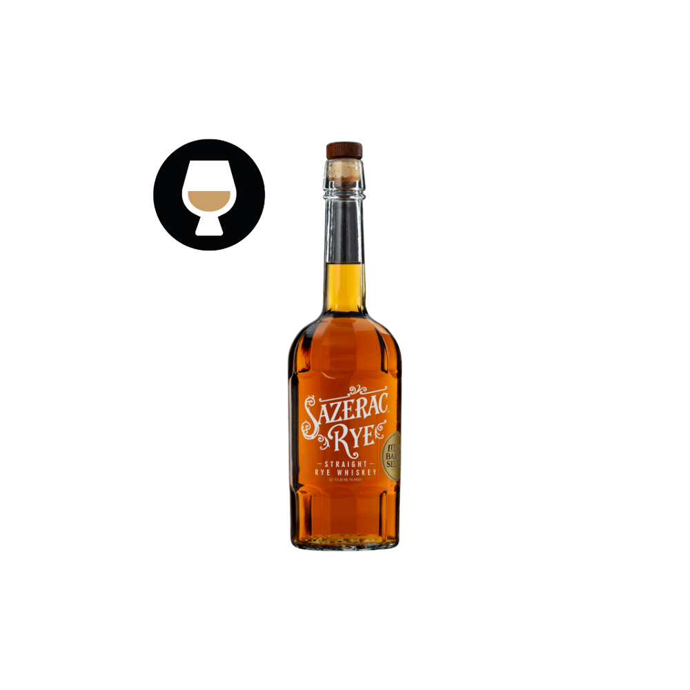 Bottle of Sazerac Rye whiskey on a white background