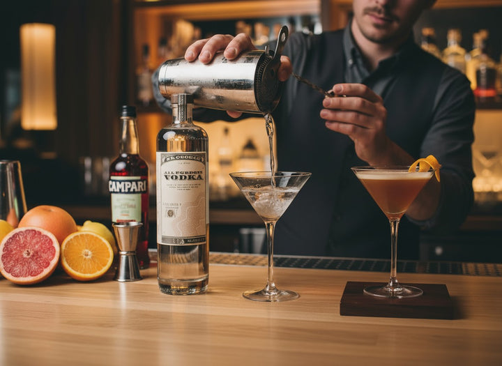 Barista pouring a cocktail into a glass with a bottle of vodka and other ingredients on the bar.