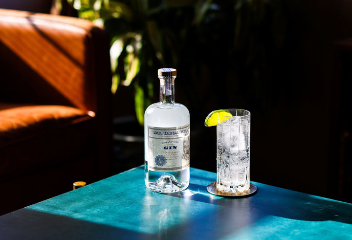 Gin bottle and glass with lemon wedge on a blue surface with a dark background