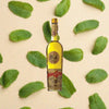 Bottle of Strega Liquore over backdrop of mint leaves.