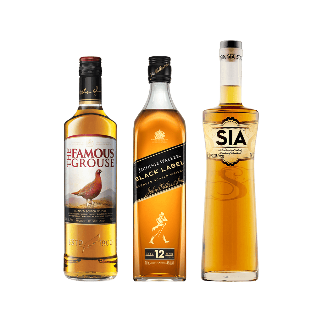 Bottles of The Famous Grouse Scotch, Johnnie Walker Black Label, and SIA Scotch Whisky.