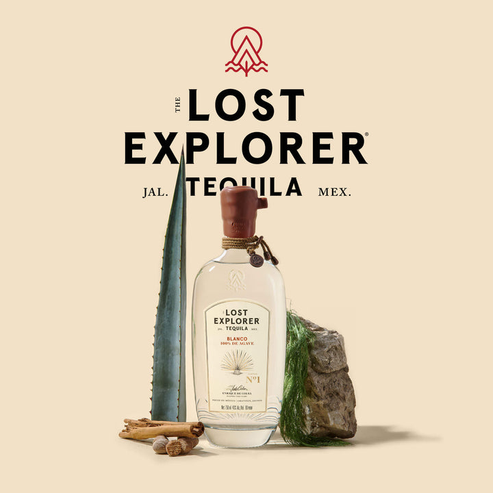 Graphic of Bottle of The Lost Explorer Tequila on a cream backdrop next to a rock and agave leaf.