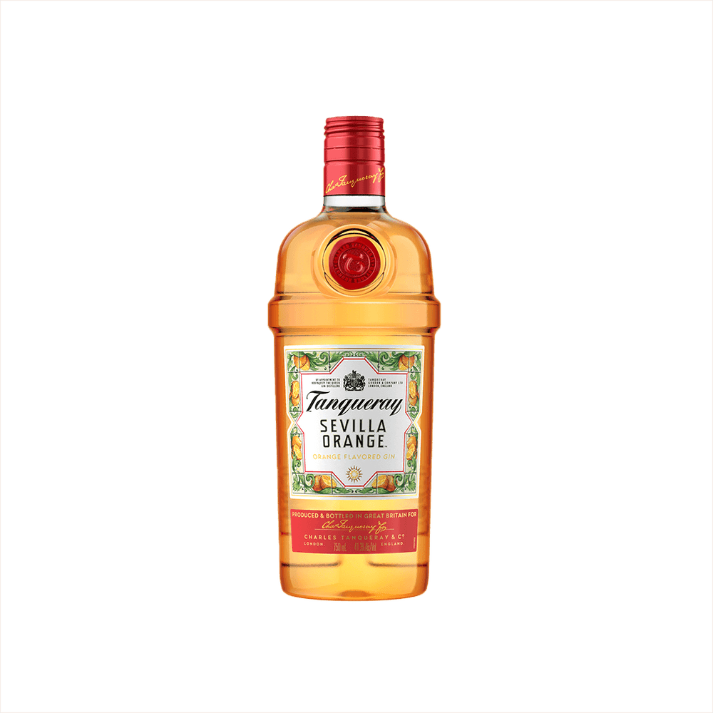 A lovely bright orange colored glass bottle in the familiar shape of classic Tanqueray gin. The foil cap is red, and the label reads: Tanqueray Sevilla Orange. Orange Flavored Gin.  It is surrounded by a border of illustrated orange slices and orange blossoms.
