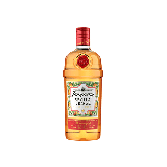 A lovely bright orange colored glass bottle in the familiar shape of classic Tanqueray gin. The foil cap is red, and the label reads: Tanqueray Sevilla Orange. Orange Flavored Gin.  It is surrounded by a border of illustrated orange slices and orange blossoms.