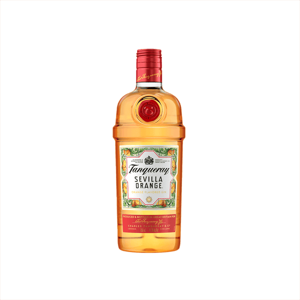 A lovely bright orange colored glass bottle in the familiar shape of classic Tanqueray gin. The foil cap is red, and the label reads: Tanqueray Sevilla Orange. Orange Flavored Gin.  It is surrounded by a border of illustrated orange slices and orange blossoms.