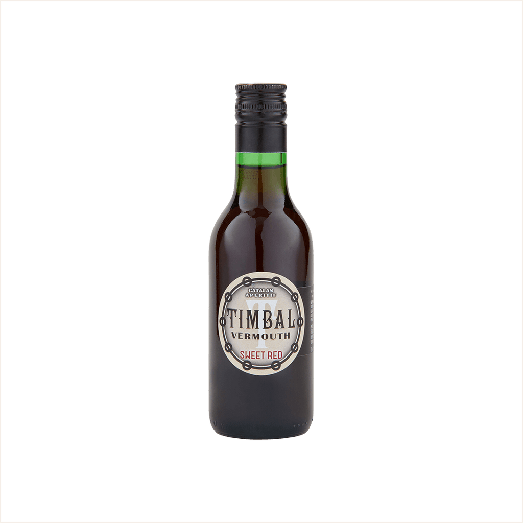 A bottle filled with deep ruby red liquid, reading Catalan Aperitif TIMBAL Vermouth Sweet Red on the label.  It's a simple label and a smaller sized bottle - 500ml.