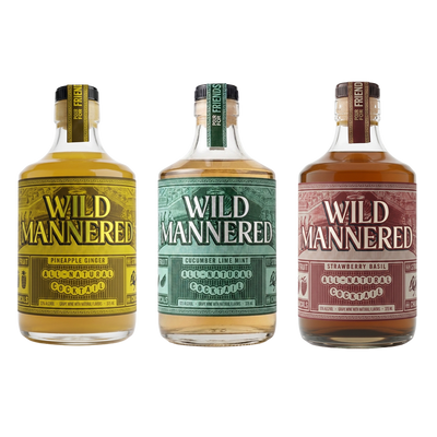 Three bottles of Wild Mannered All-Nature Cocktails on a white background: Pineapple Ginger, Cocoon Lime Mint, and Strawberry Basil. product image