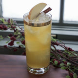 Glass of yellow cocktail with apple slice and cinnamon stick on a wooden surface with decorative plants.