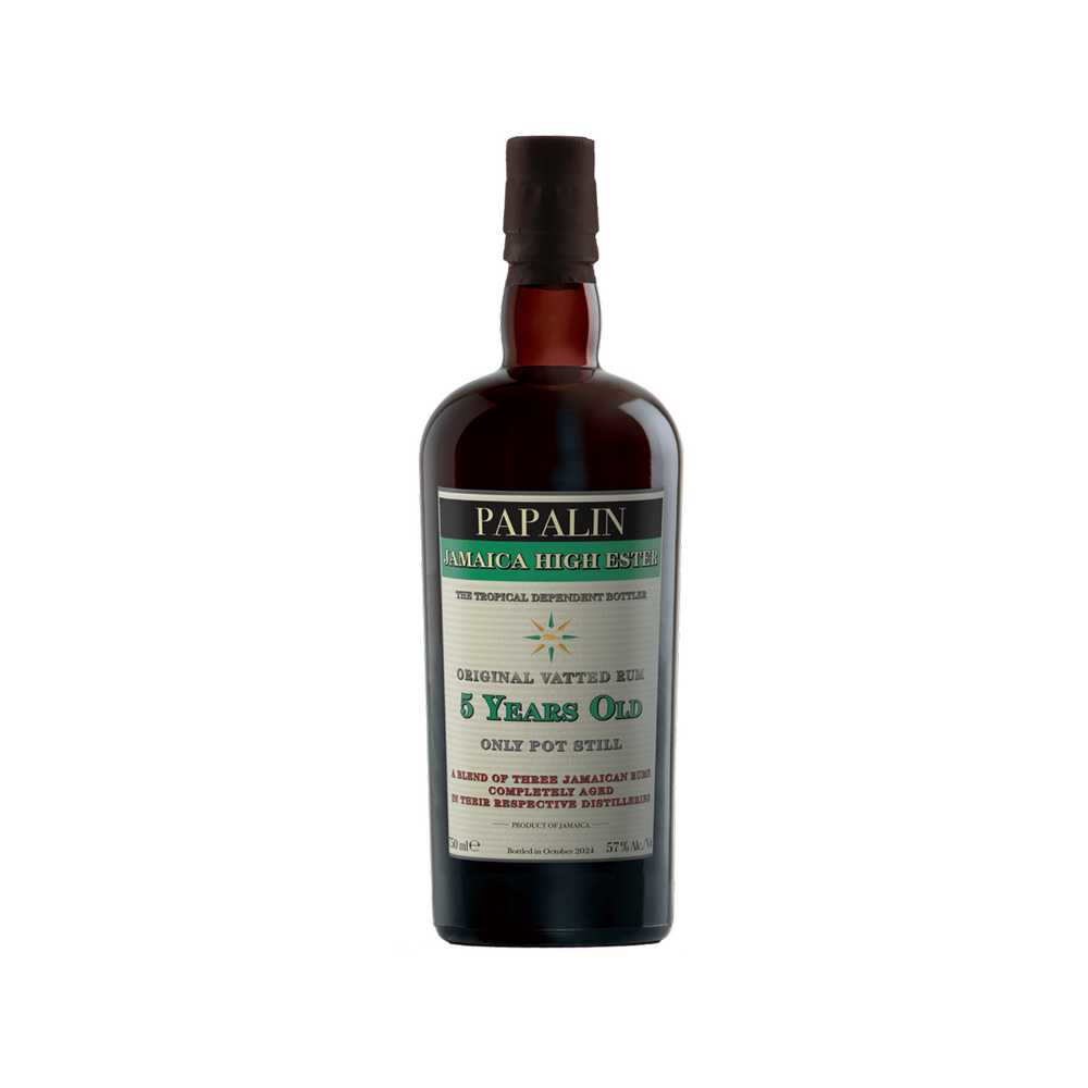 A bottle of Papalin Jamaica 5 Years Old High Ester Overproof Rum with a dark label and a clear bottle showing the amber-colored rum inside.